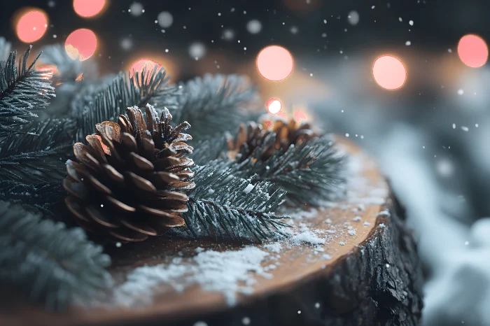 Holzscheibe mit Fichtenzapfen und Schnee