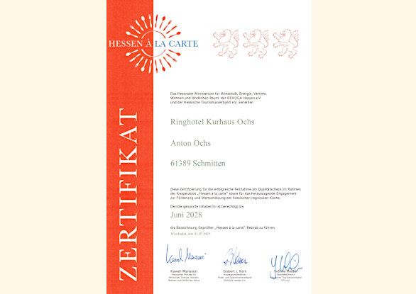 Zertifikat geprüfter Hessen a la carte-Betrieb 2025 bis 2028